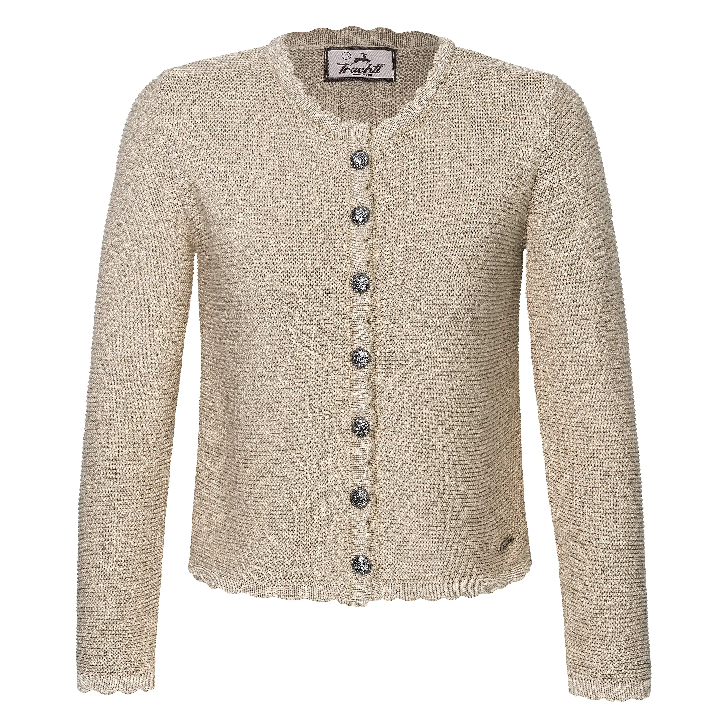 Beigefarbene Trachtenstrickjacke von Trachtl für professionelle Produktfotografie von Bekleidung vor weißem Grund.