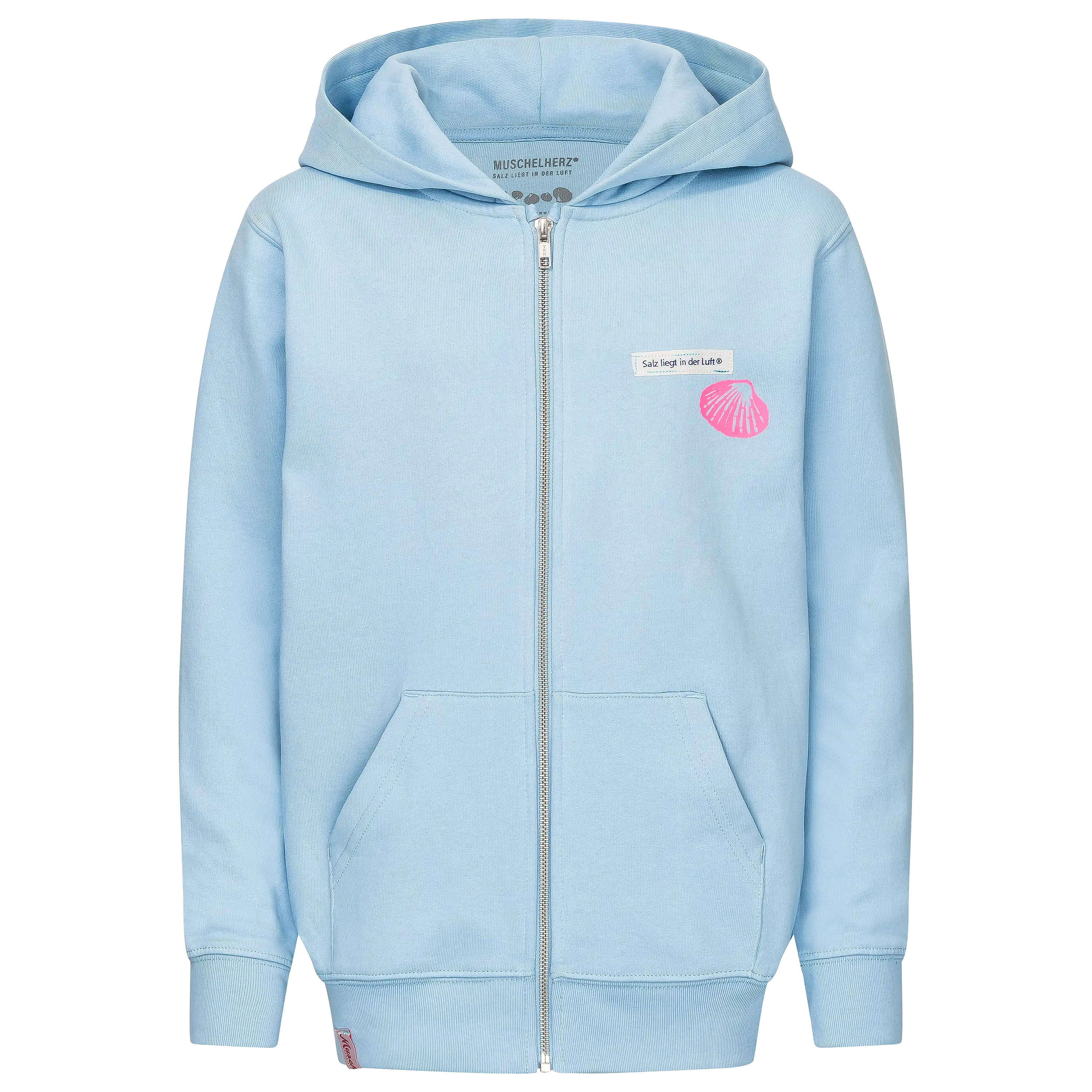 Hellblaue Kapuzenjacke von Muschelherz für professionelle Produktfotografie. Die Textilfotografie zeigt ein hochwertiges Produktfoto der Bekleidung.