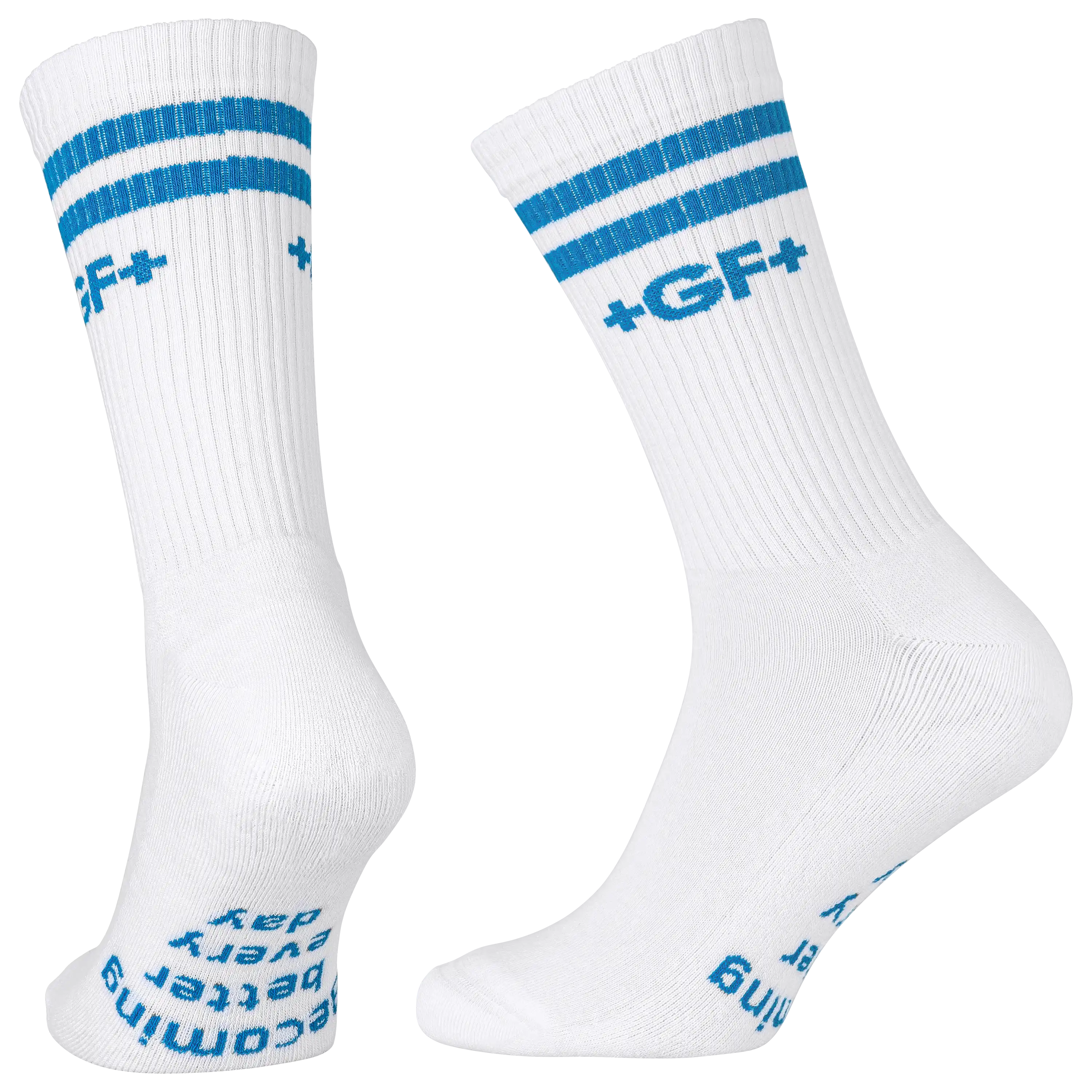 Professionelle Produktfotografie von weißen Socken mit blauem Streifen und Schriftzug für die Textilfotografie von PRO-ducto GmbH.
