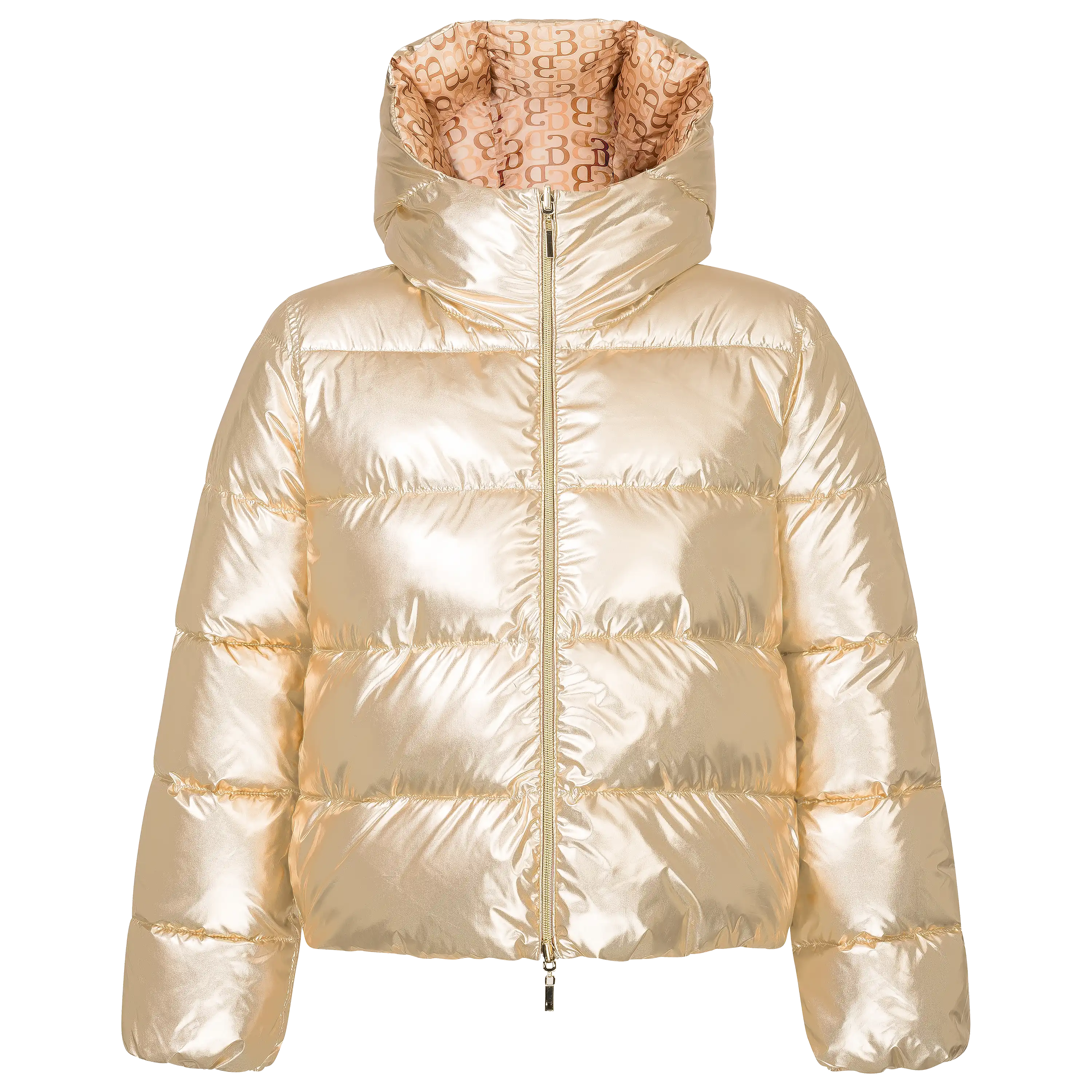 Professionelle Produktfotografie einer goldenen Steppjacke mit Kapuze als Freisteller. Hochwertige Textilfotografie für exzellente Produktbilder. PRO-ducto GmbH