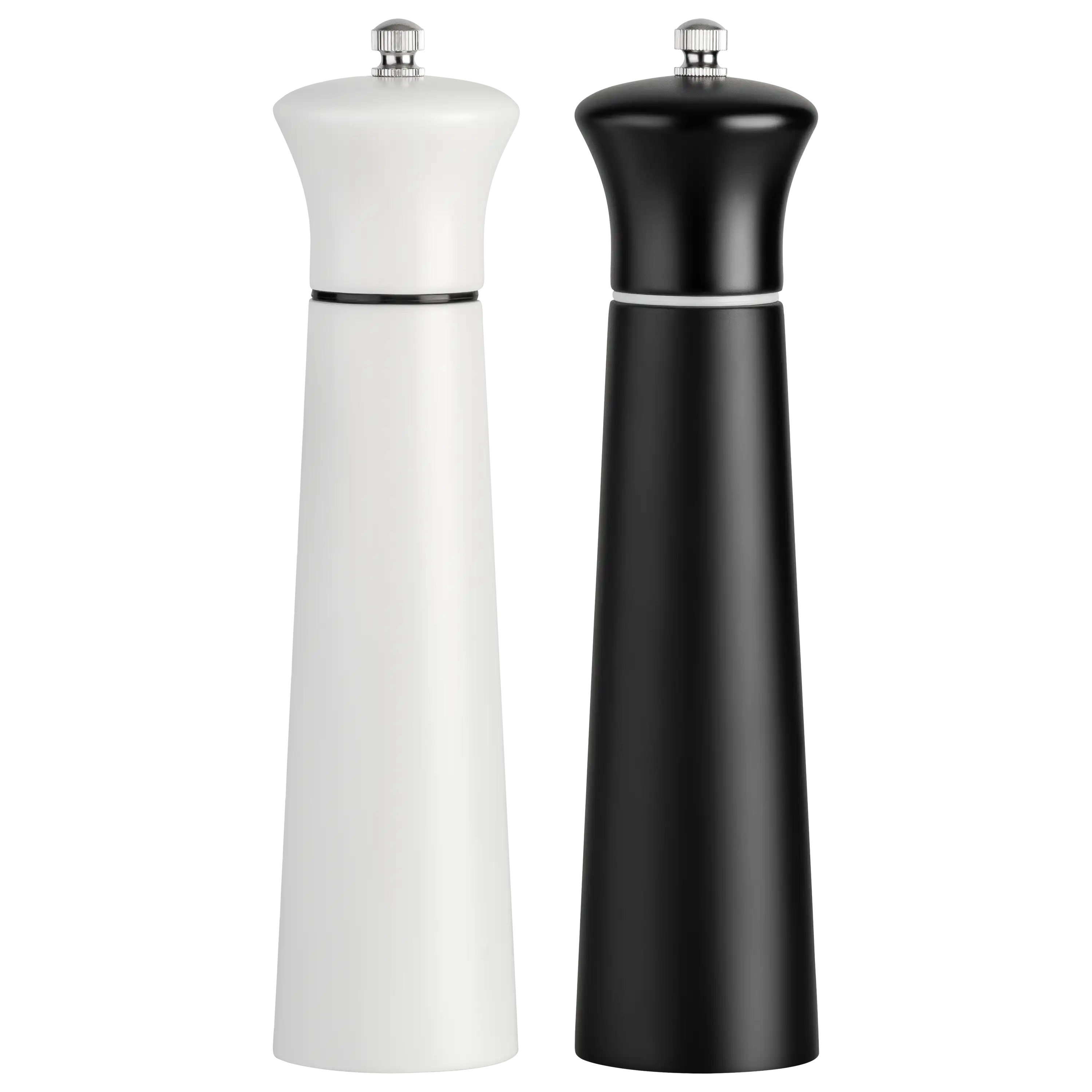 Zwei elegante Salz- und Pfeffermühlen in Schwarz und Weiß, fotografiert von der PRO-ducto GmbH für Produktfotos.