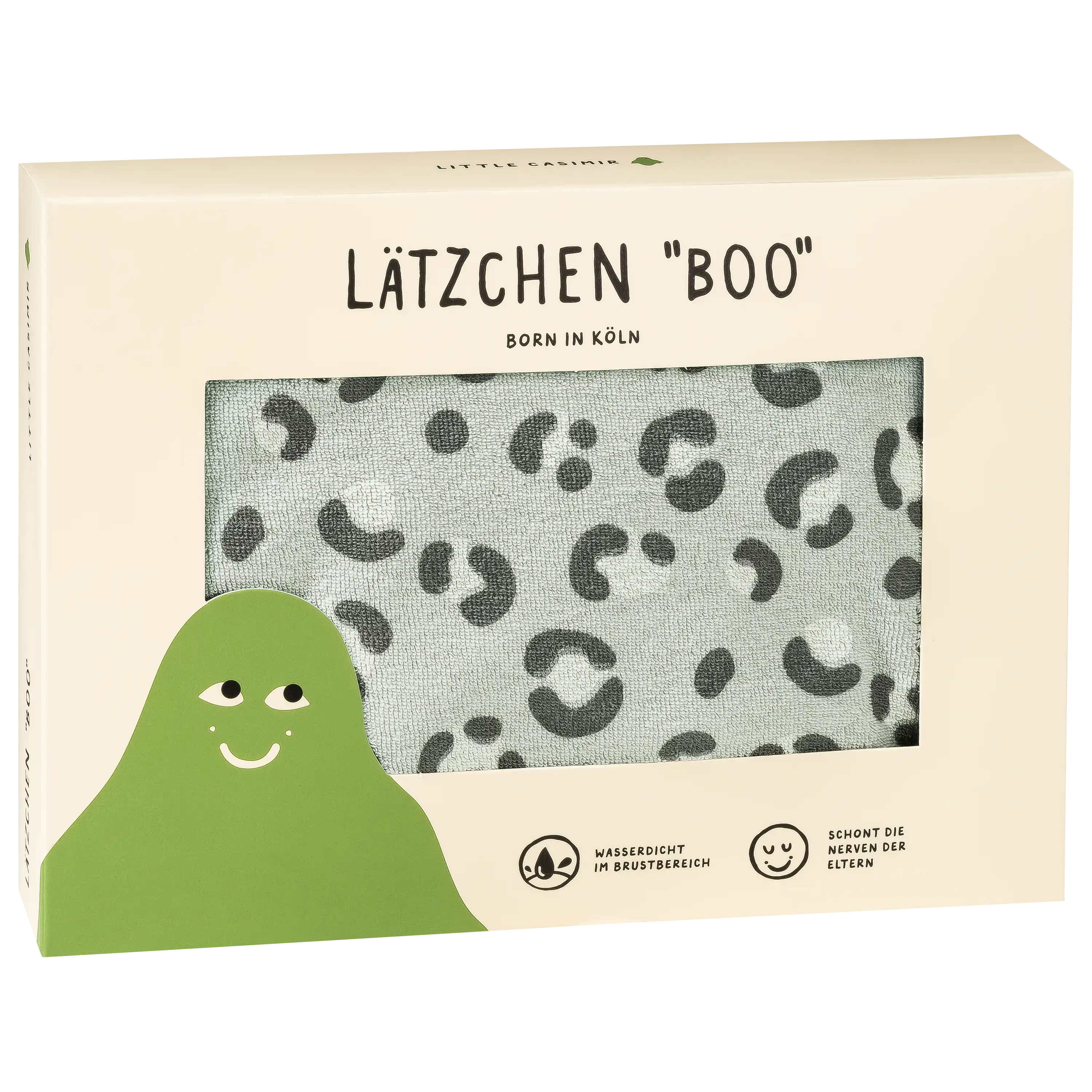 Professionelle Produktfotografie von PRO-ducto GmbH: Ein Lätzchen mit Leopardenmuster in einer Geschenkverpackung für die Textilfotografie.