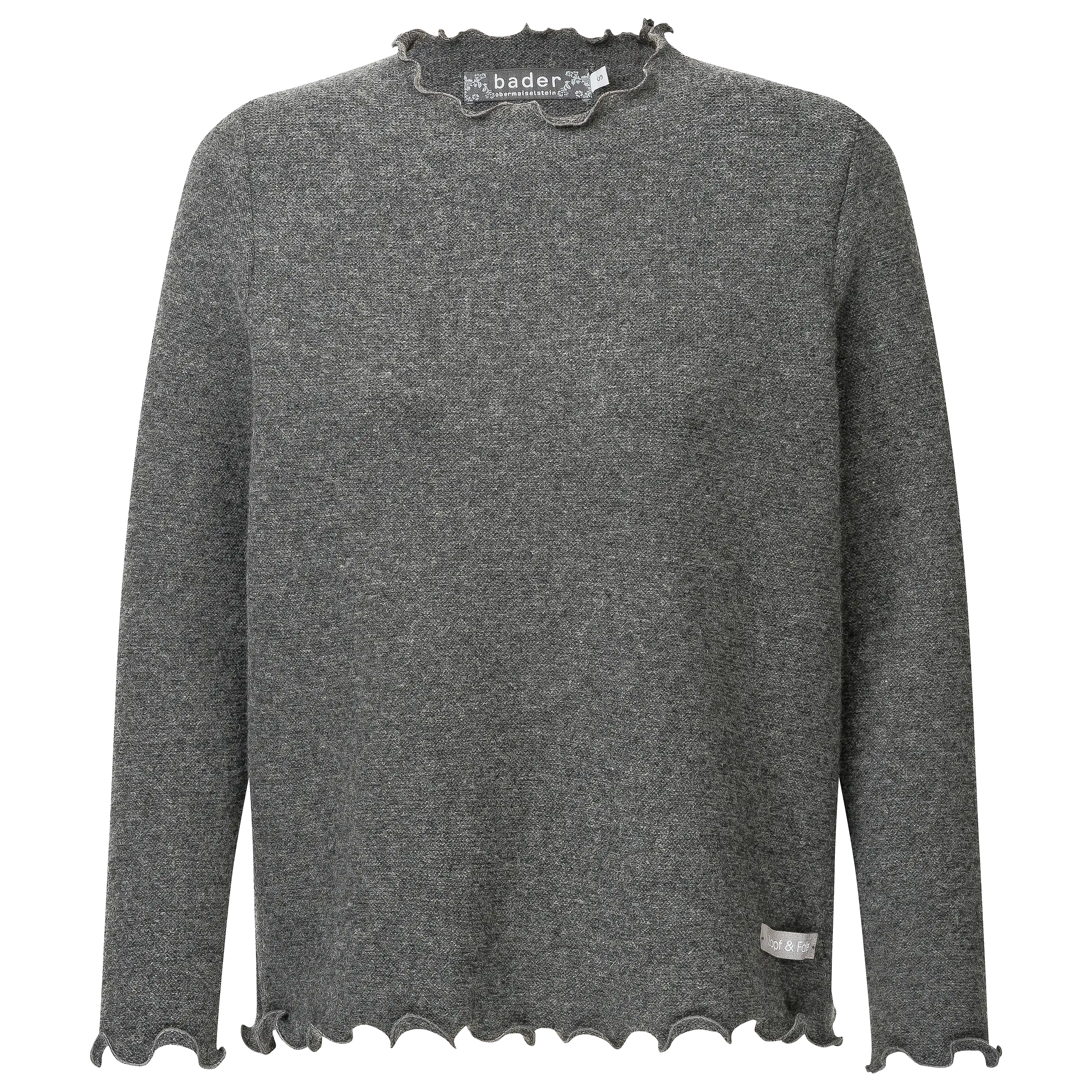 Grauer Langarmpullover mit Wellensaum für professionelle Produktfotografie von PRO-ducto GmbH, ideal um Bekleidung fotografieren zu lassen.