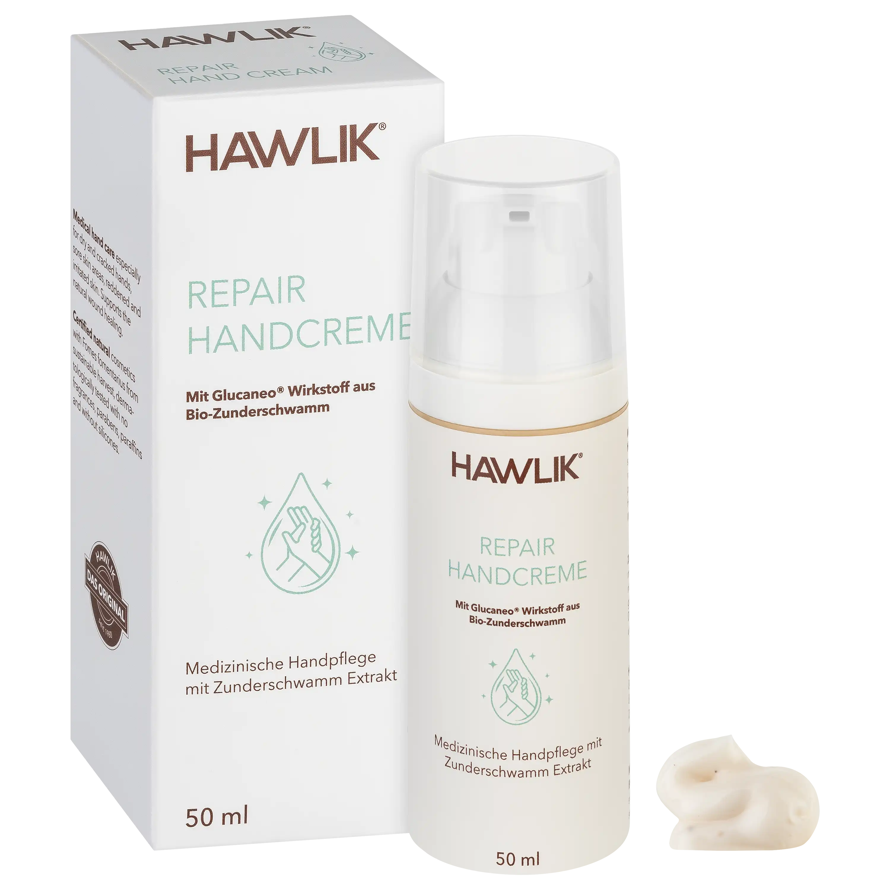 Hawlik Repair Handcreme in der Tube und Faltschachtel mit Zunderschwamm-Extrakt für professionelle Produktfotos.