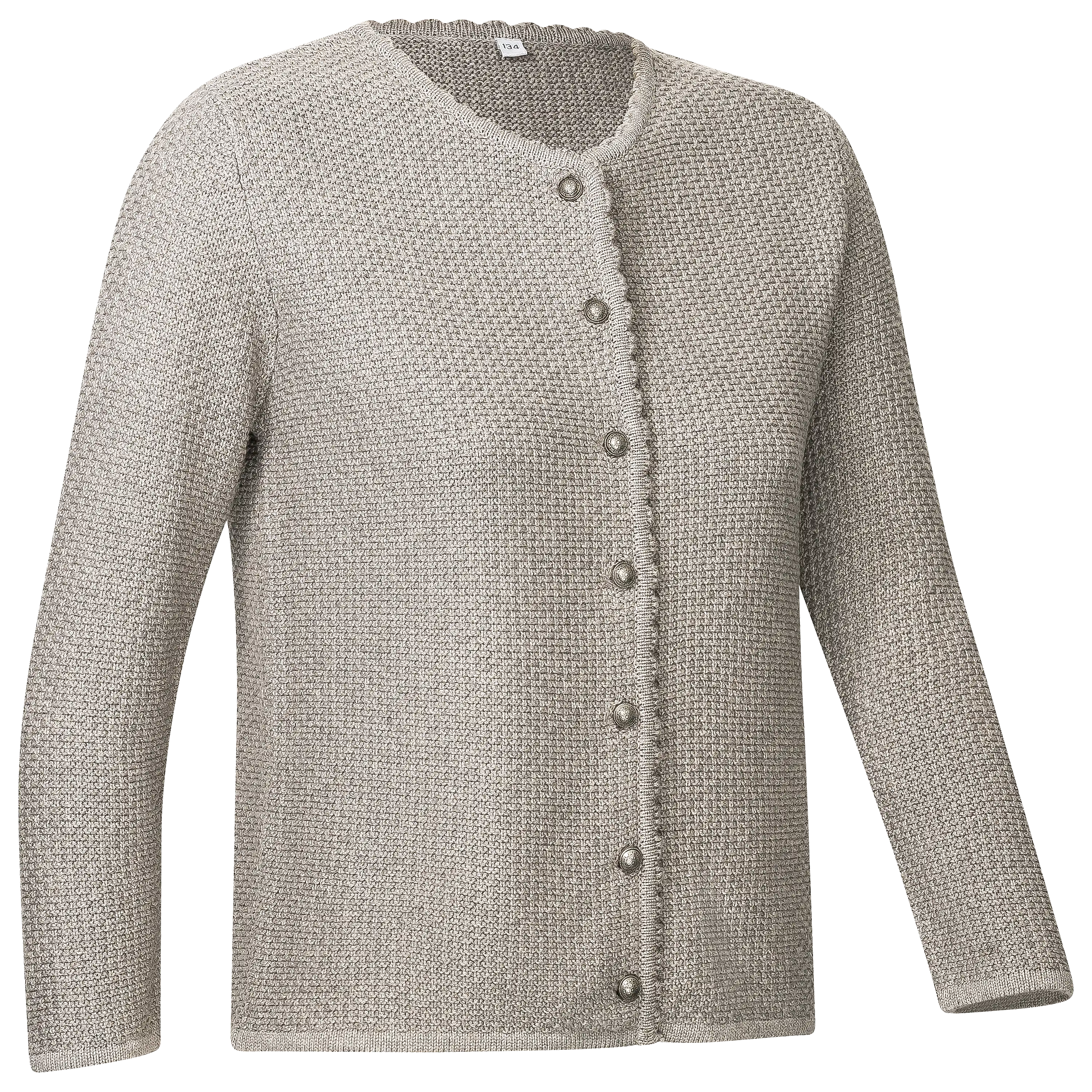 Professionelle Produktfotografie einer beigen Strickjacke mit Knöpfen. Lassen Sie bei PRO-ducto GmbH Ihre Bekleidung für hochwertige Produktbilder fotografieren.