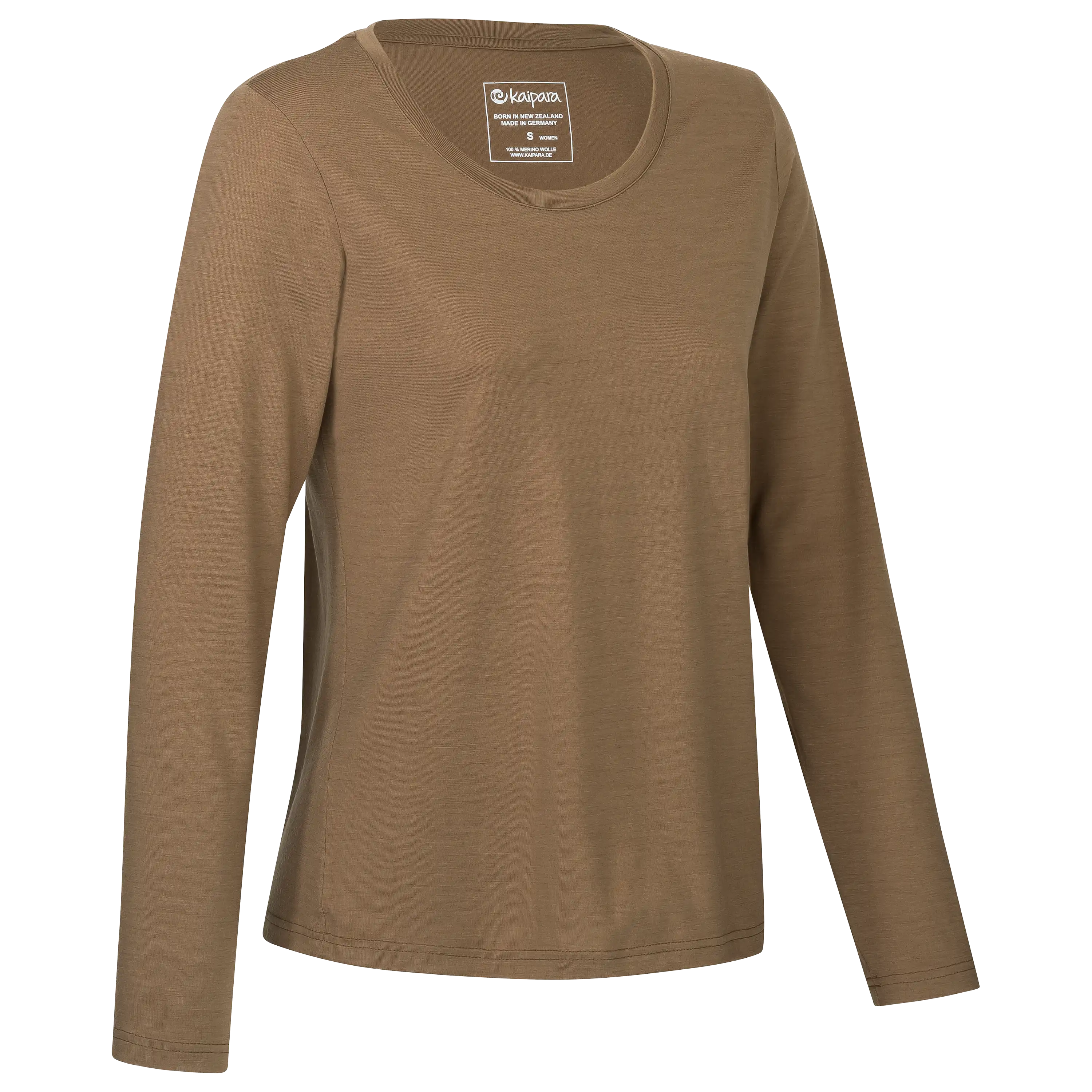 Braunes Langarmshirt von kaipara für professionelle Produktfotografie von Bekleidung vor schwarzem Hintergrund.