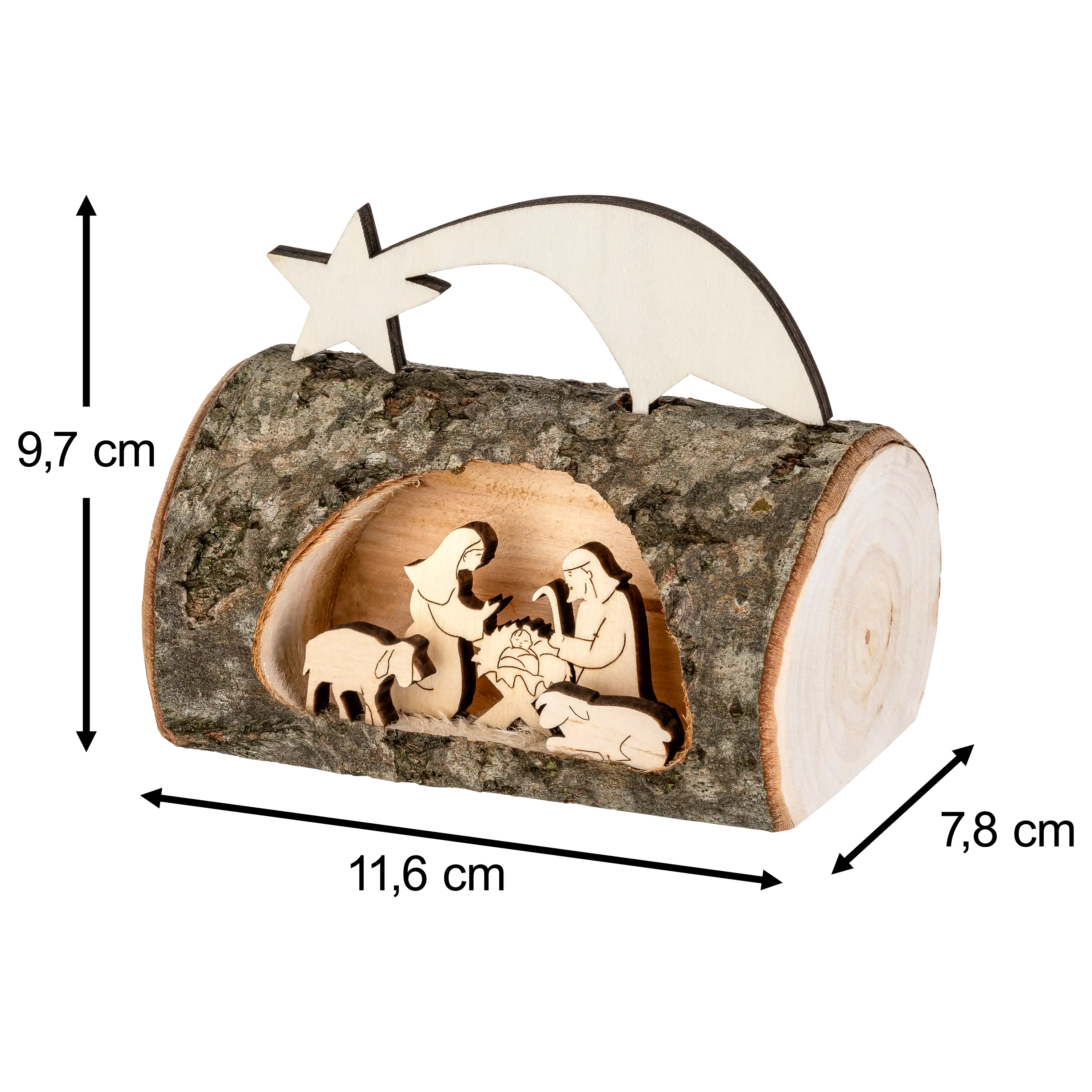 Weihnachtskrippe aus einem Baumstamm mit Stern, professionelle Produktfotografie von PRO-ducto GmbH für Dekoration.