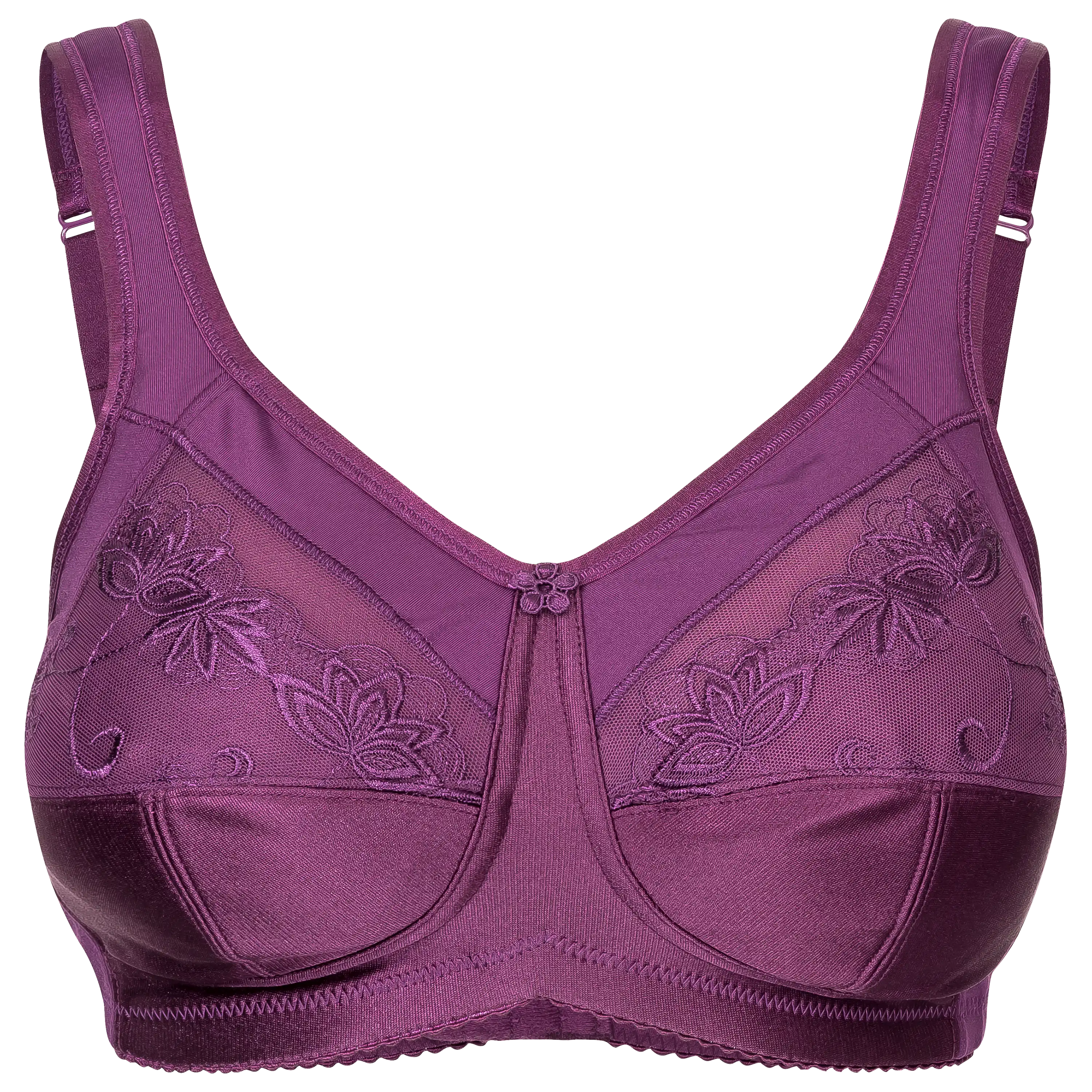 Professionelle Produktfotografie eines violetten Büstenhalters mit floraler Stickerei von PRO-ducto GmbH.