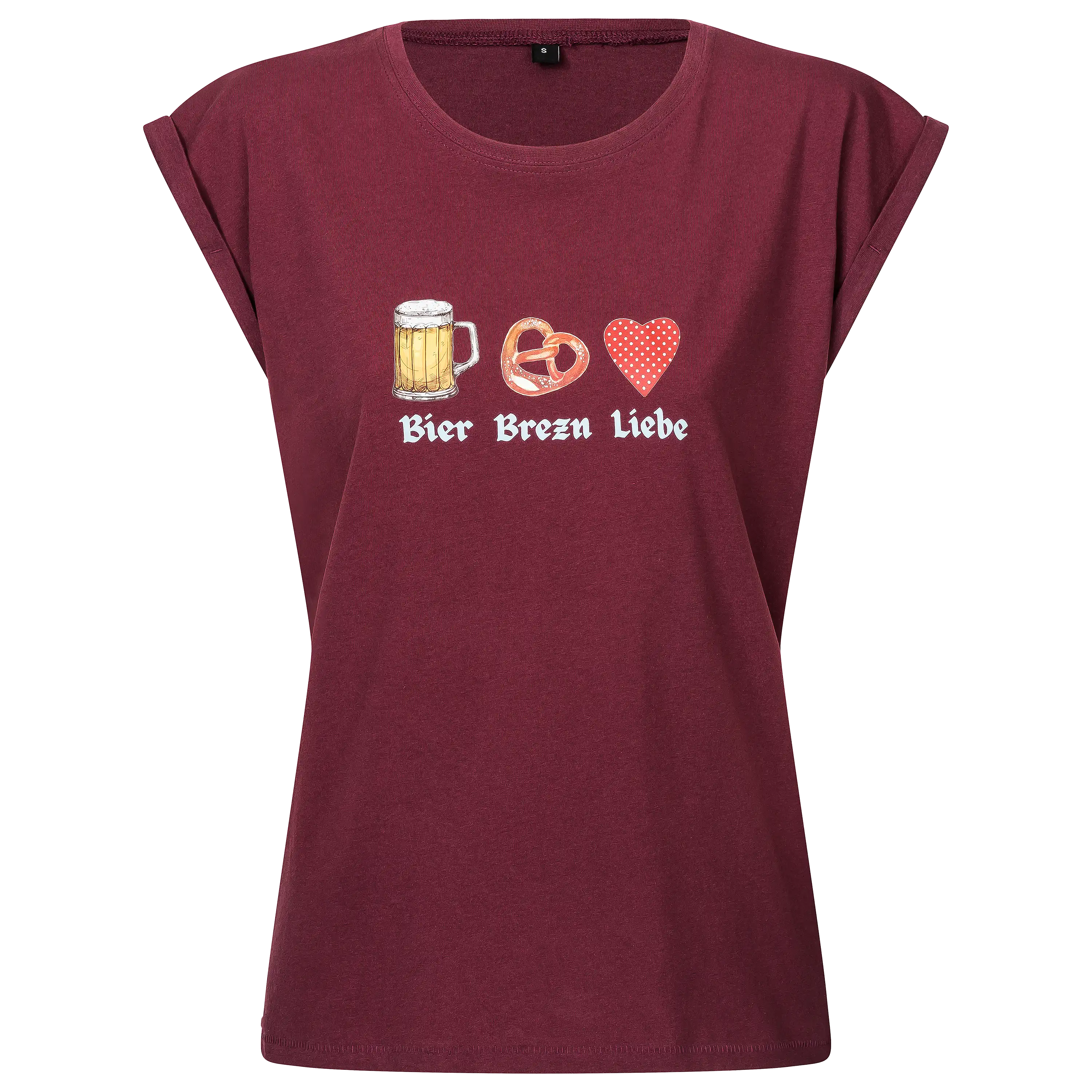Dunkelrotes T-Shirt mit Bier, Brezn und Herz Motiv für professionelle Produktfotografie von PRO-ducto GmbH.