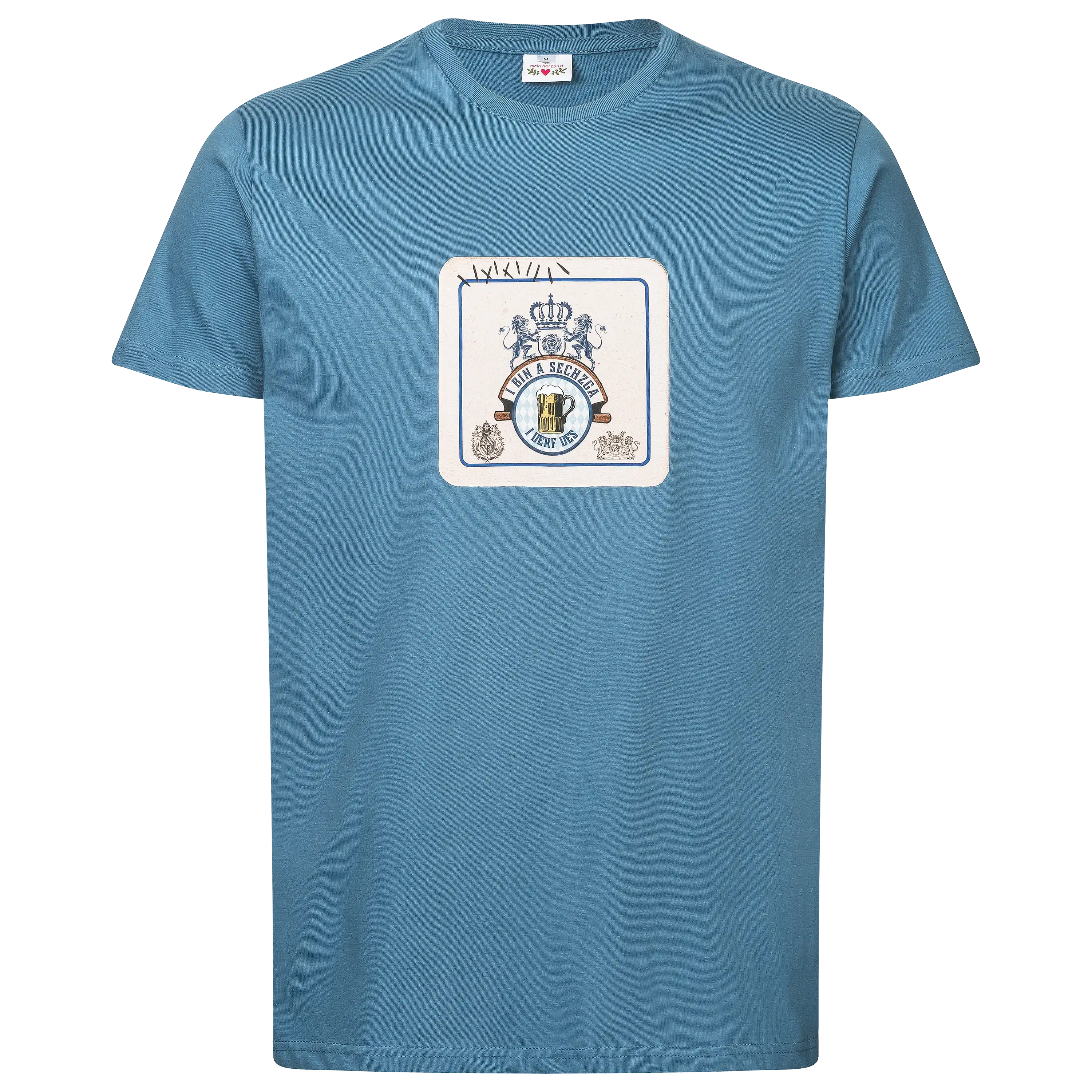 Blaues T-Shirt mit Bierdeckel-Motiv für professionelle Produktfotografie von PRO-ducto GmbH bei Textilfotografie.