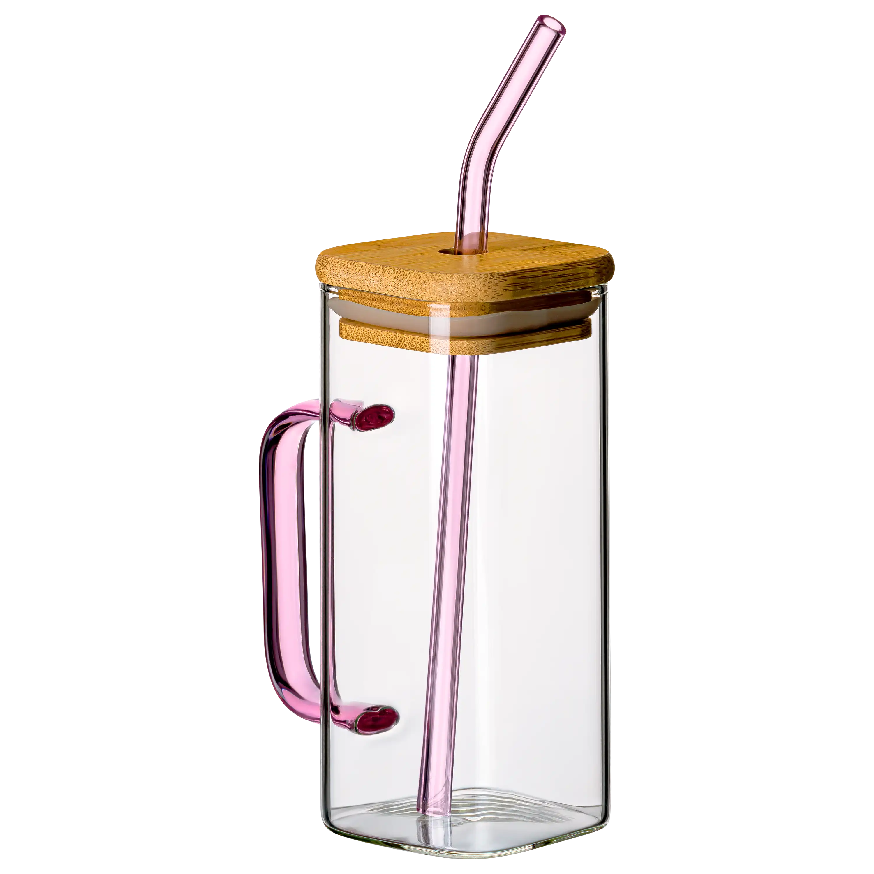 Quadratisches Glas mit Bambusdeckel, rosa Henkel und passendem Trinkhalm für professionelle Produktfotos von PRO-ducto.