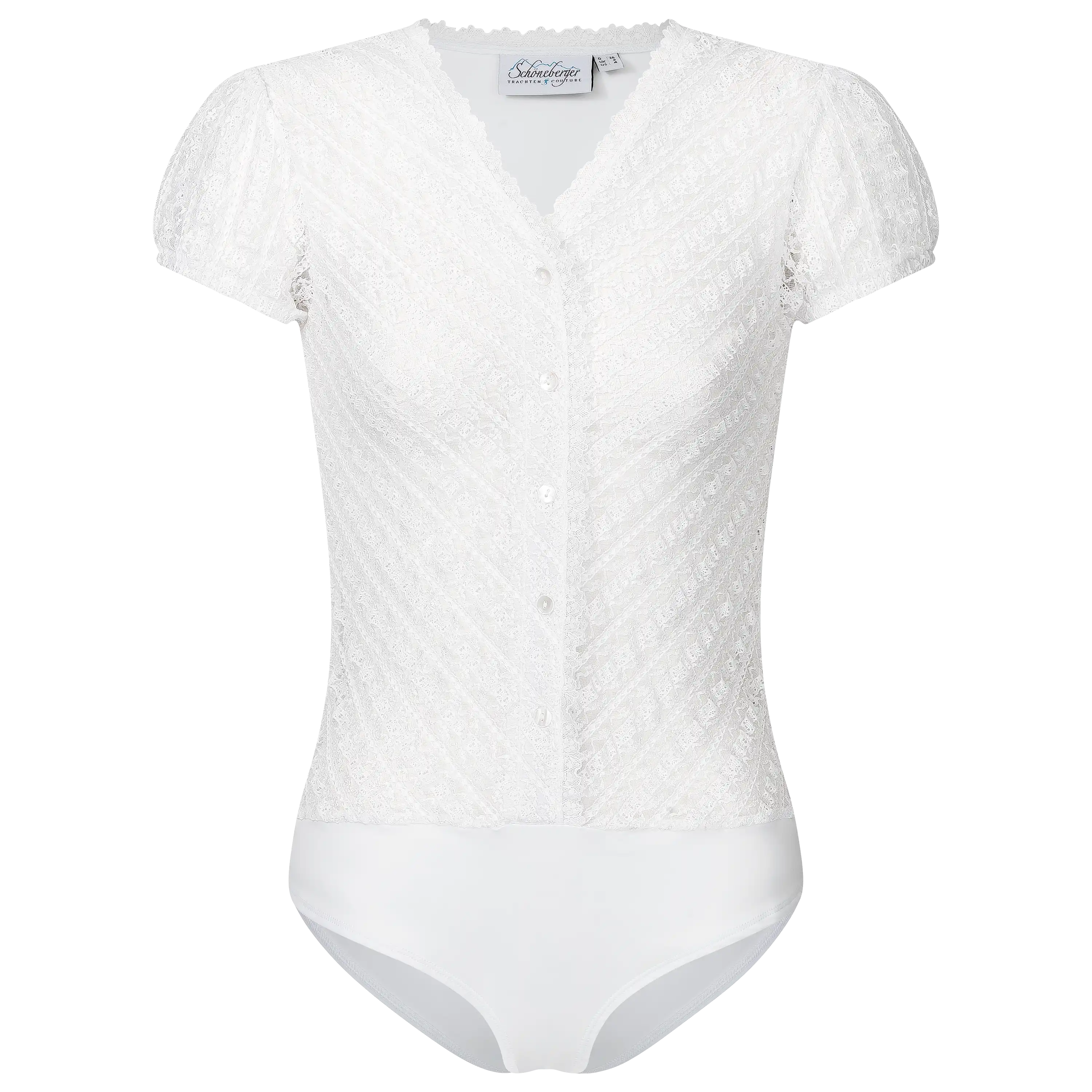 Weiße Spitzenbluse von Schöneberger Trachten Couture für professionelle Produktfotografie von Bekleidung.