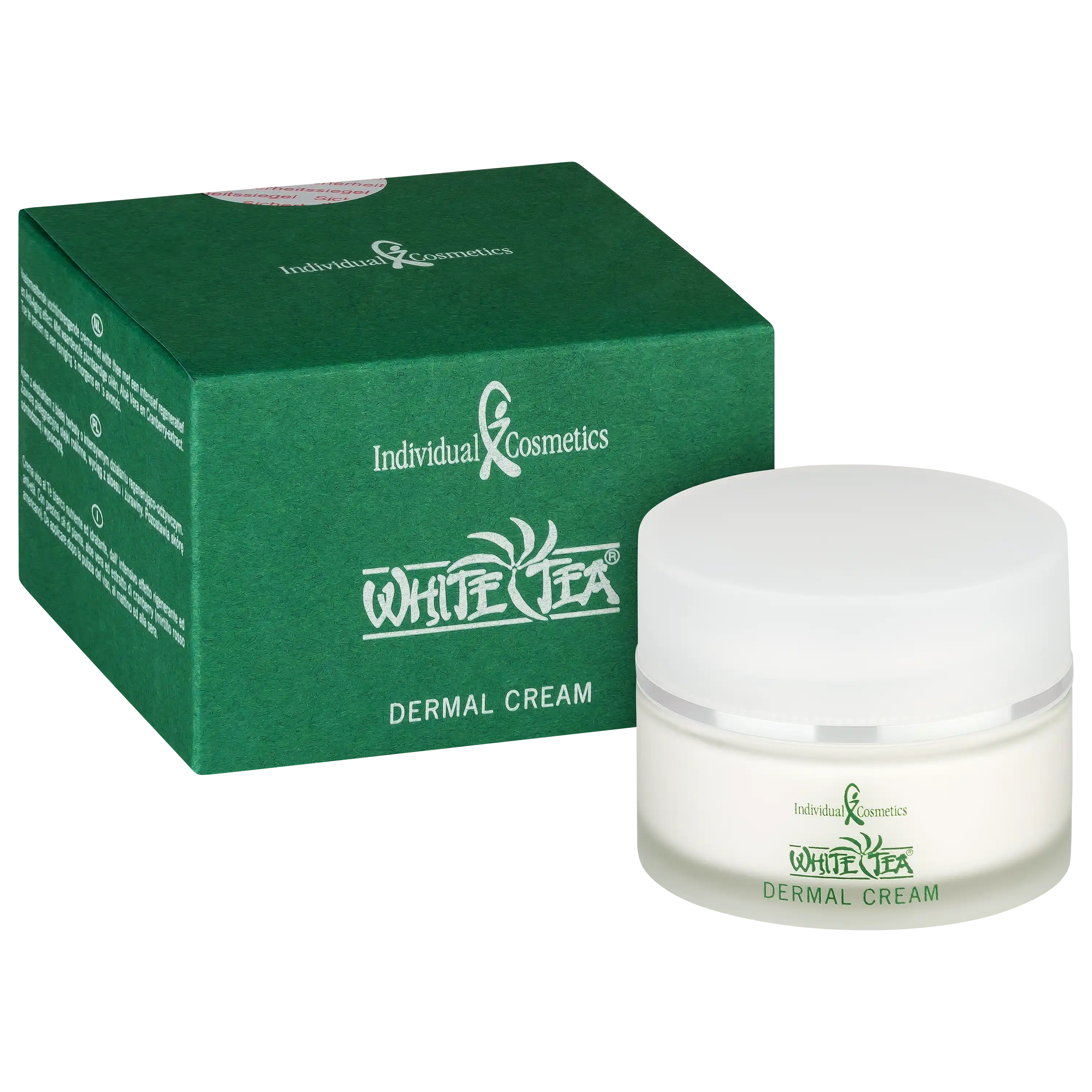 Professionelle Produktfotos von Individual Cosmetics White Tea Dermal Cream mit Tiegel und grüner Umverpackung.