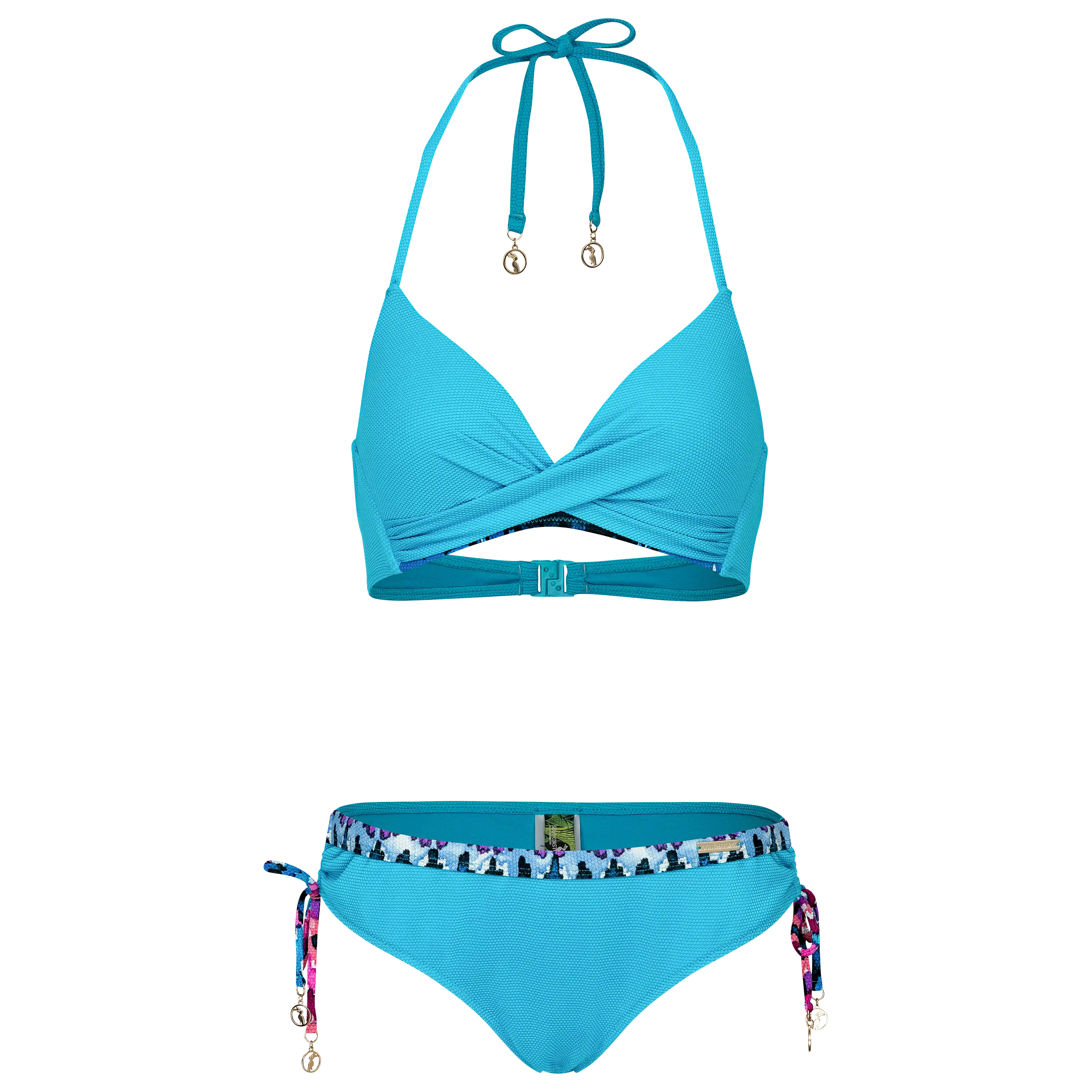 Professionelle Produktfotografie eines türkisfarbenen Bikinis von PRO-ducto GmbH, ideal für hochwertige Produktfotos und Textilfotografie im Online-Shop.
