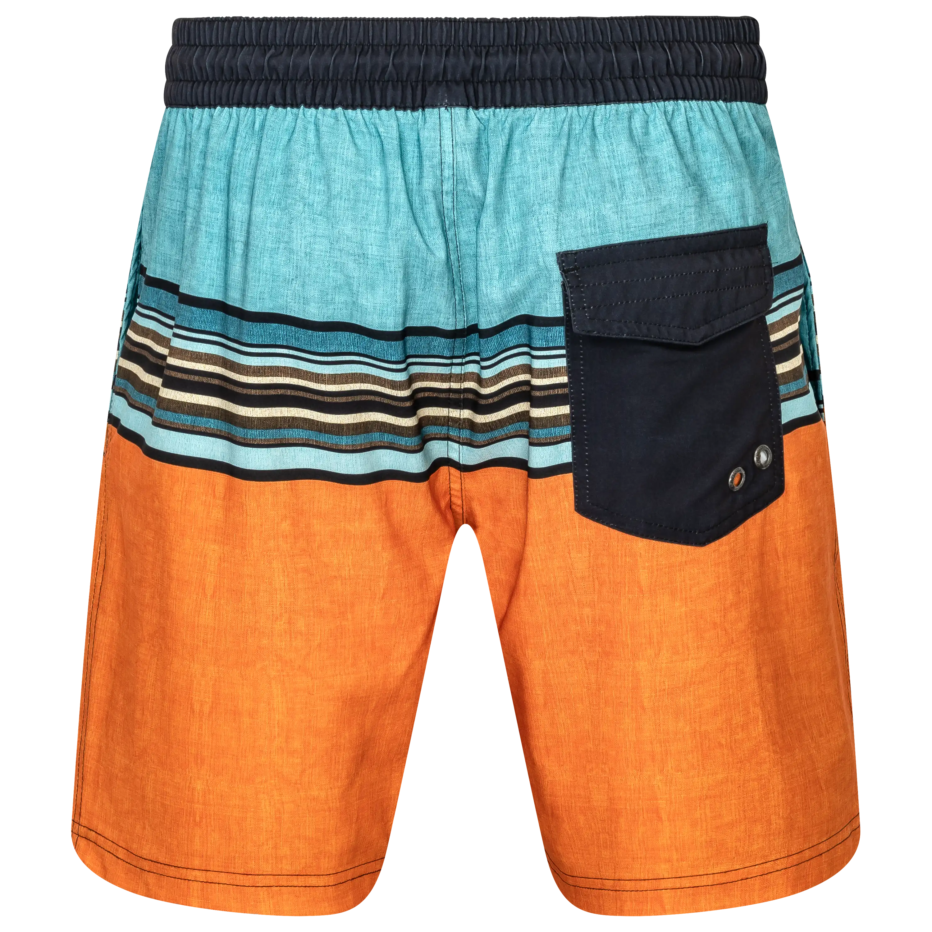 Professionelle Produktfotografie einer Badeshorts mit Streifenmuster, Taschen und elastischem Bund, ideal für hochwertige Textilfotografie von PRO-ducto.