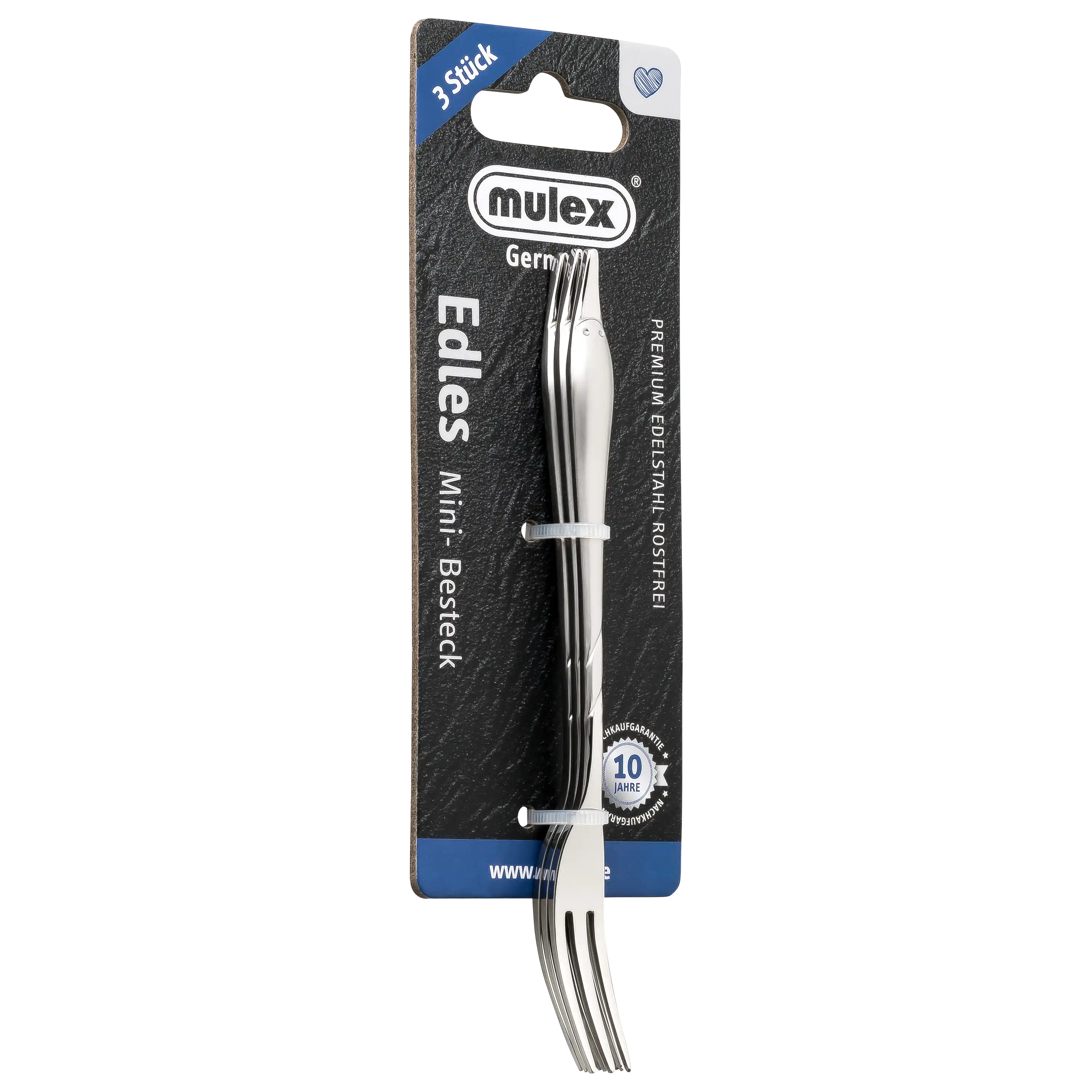 Drei mulex Mini-Gabeln aus Edelstahl auf einer schwarzen Blisterkarte für professionelle Produktfotos von PRO-ducto.