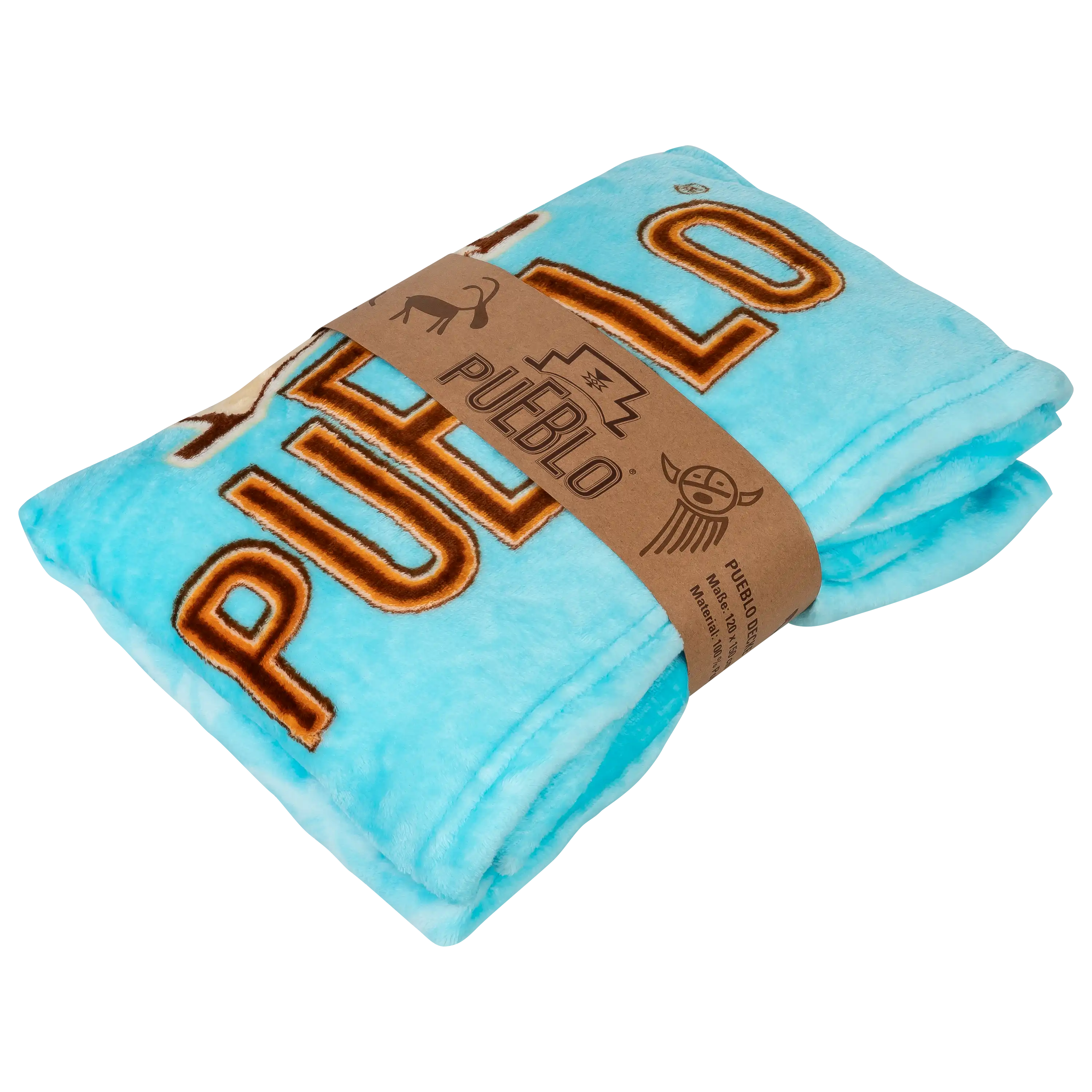 Hellblaue Pueblo-Decke mit braunem Schriftzug, ideal für professionelle Produktfotos von PRO-ducto GmbH.