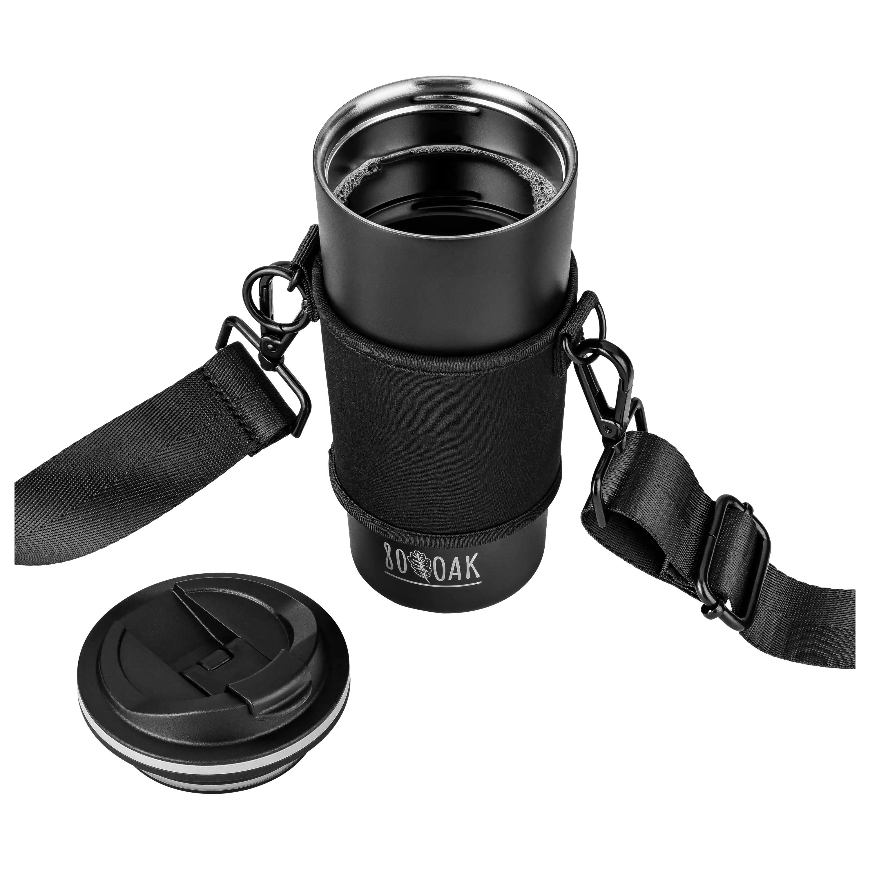 Schwarzer Thermobecher von 80OAK mit Tragegurt und abgenommenem Deckel für professionelle Produktfotos bei PRO-ducto.