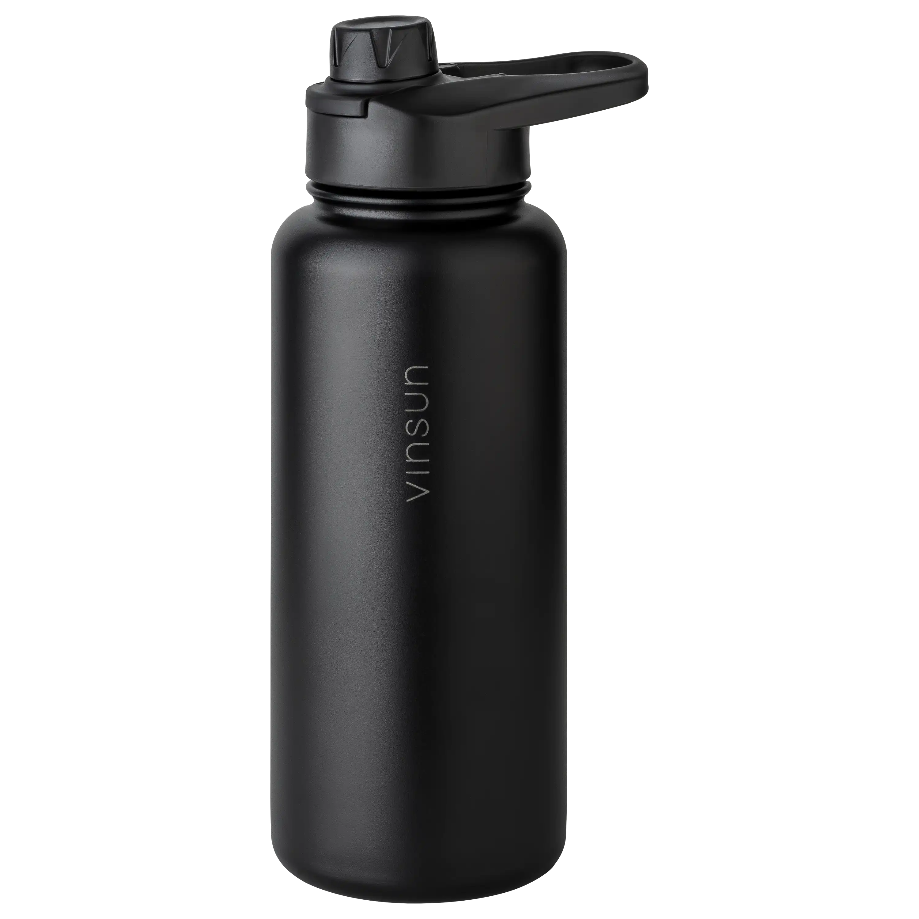 Schwarze Vinsun Trinkflasche für professionelle Produktfotos von PRO-ducto GmbH vor neutralem Hintergrund.