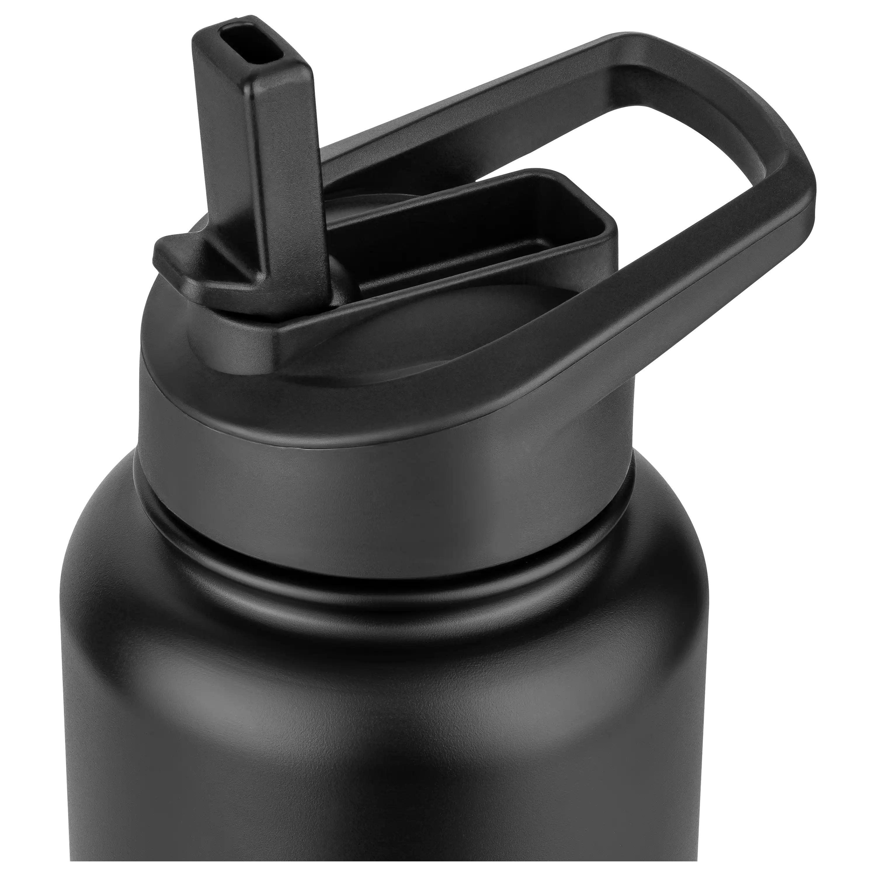 Schwarze Trinkflasche mit Trinkhalm und Tragegriff im Detail, erstellt durch professionelle Produktfotografie.
