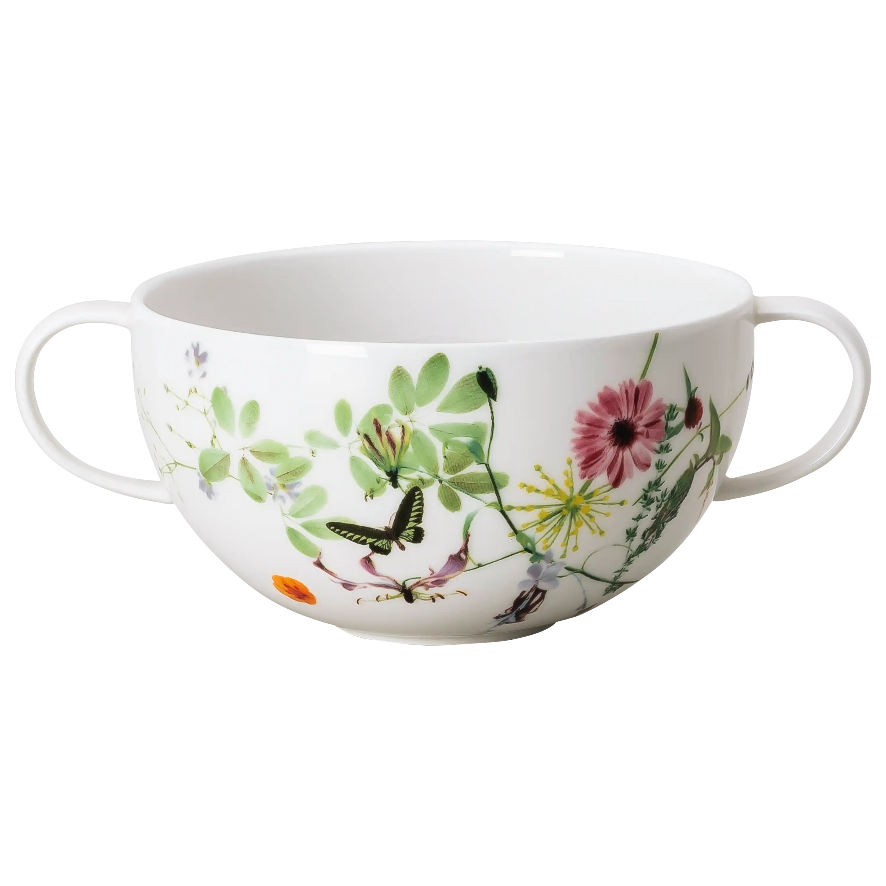 Weiße Suppentasse mit zwei Henkeln und zartem Blumen- sowie Schmetterlingsdekor für professionelle Produktfotos.