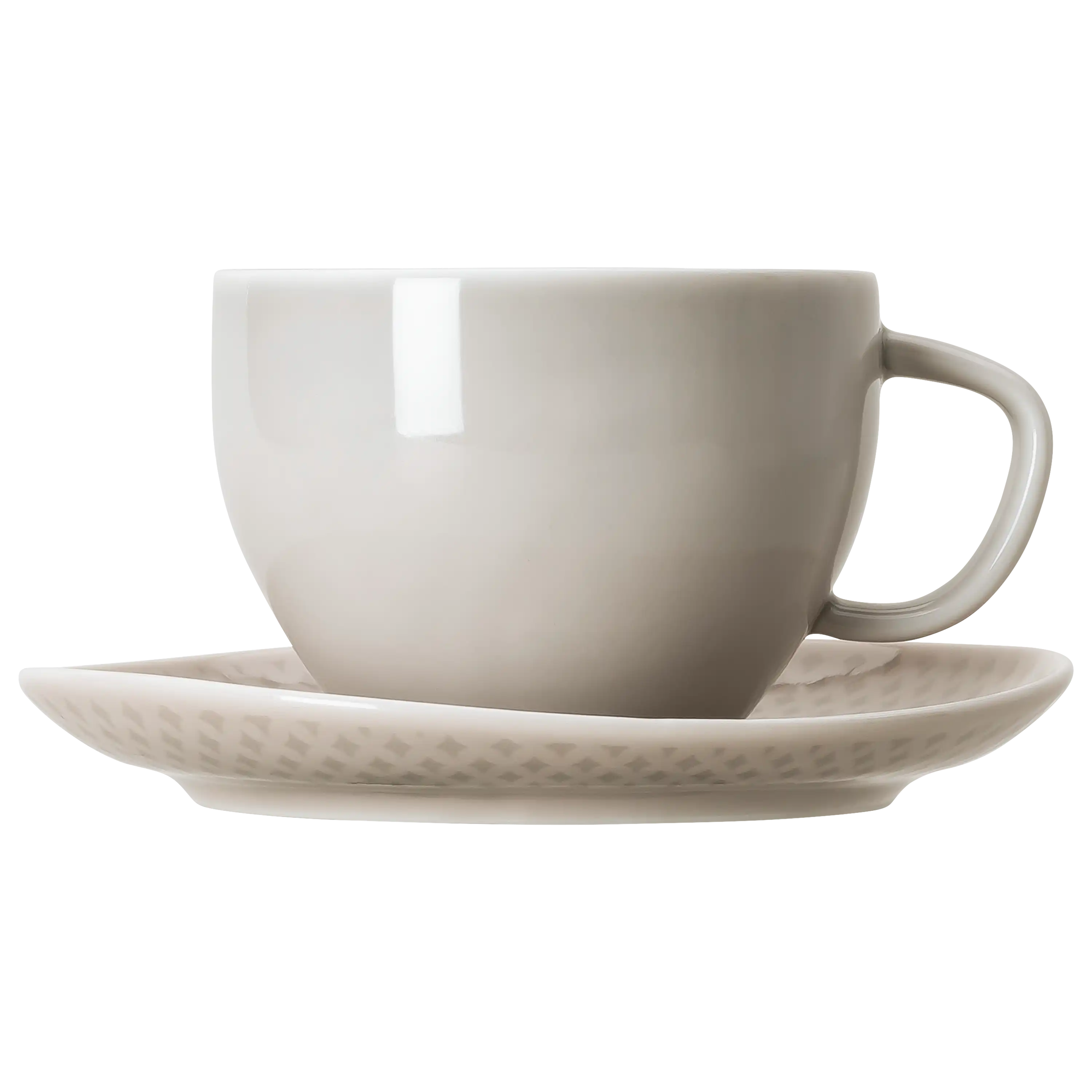 Professionelle Produktfotos von PRO-ducto GmbH: Eine elegante, hellgraue Kaffeetasse auf einer passenden Untertasse.