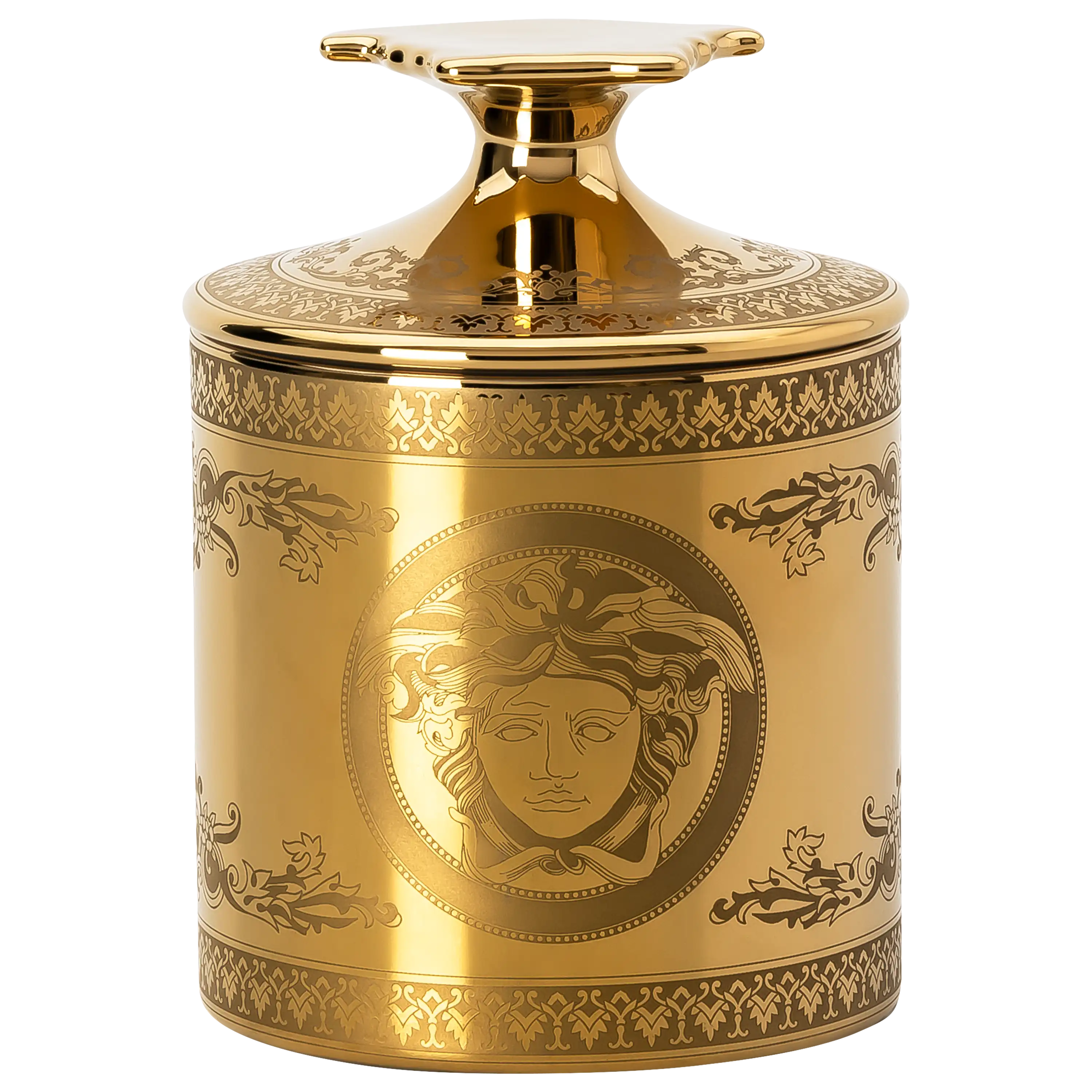 Luxuriöse goldene Dose mit Medusa-Motiv für professionelle Produktfotos von PRO-ducto GmbH vor schwarzem Hintergrund.