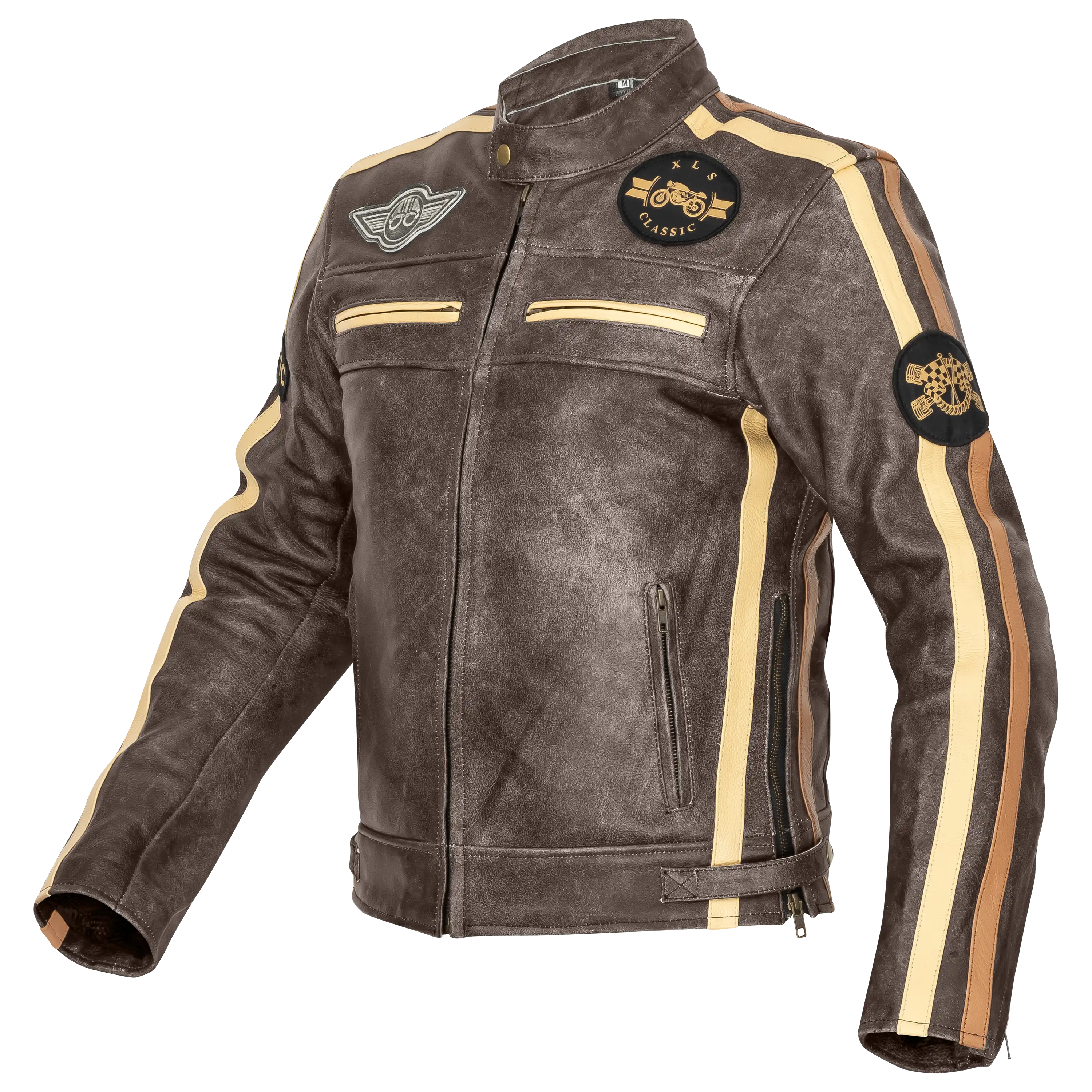Professionelle Produktfotografie einer braunen Vintage-Lederjacke für Motorradfahrer als Freisteller für hochwertige Textilfotografie und Produktbilder. PRO-ducto GmbH