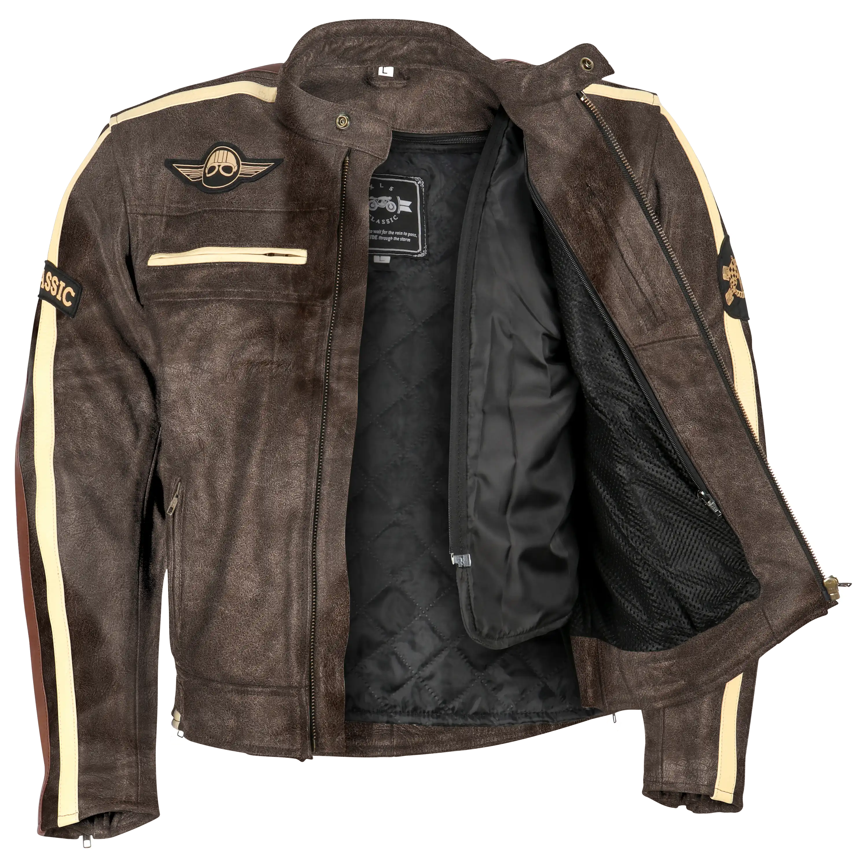 Professionelle Produktfotografie einer braunen Motorradjacke aus Leder. Dieser Freisteller zeigt die Textilfotografie für hochwertige Produktbilder. PRO-ducto GmbH