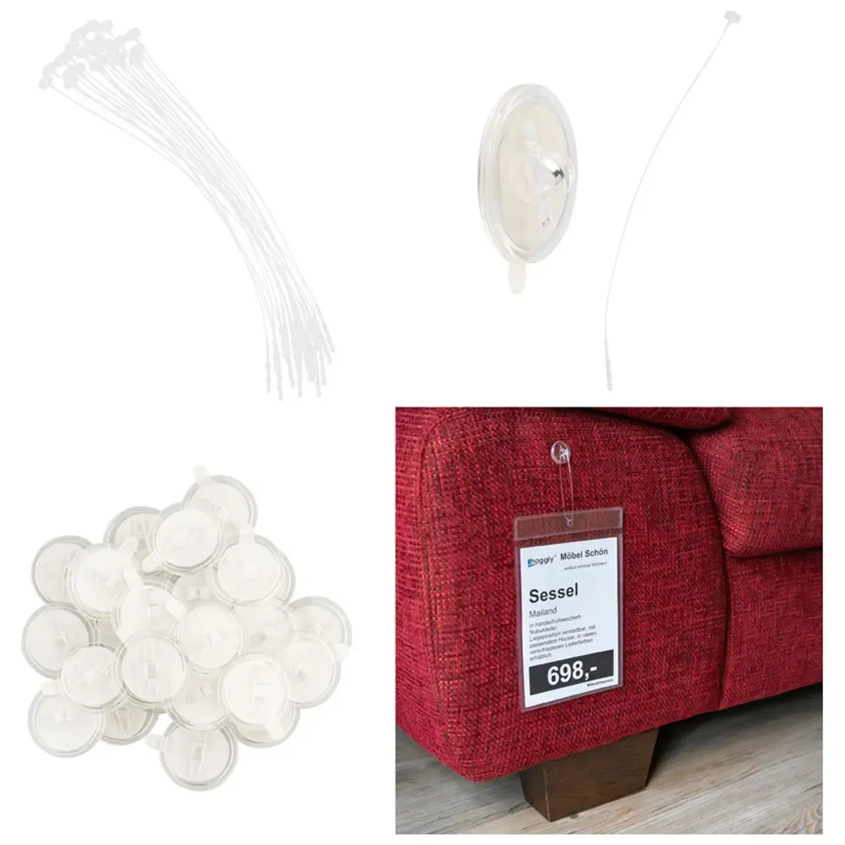 Professionelle Produktfotos: Transparente Etikettenhalter und Befestigungsfäden für die Textilfotografie und Bekleidungsauszeichnung im Einzelhandel. PRO-ducto GmbH