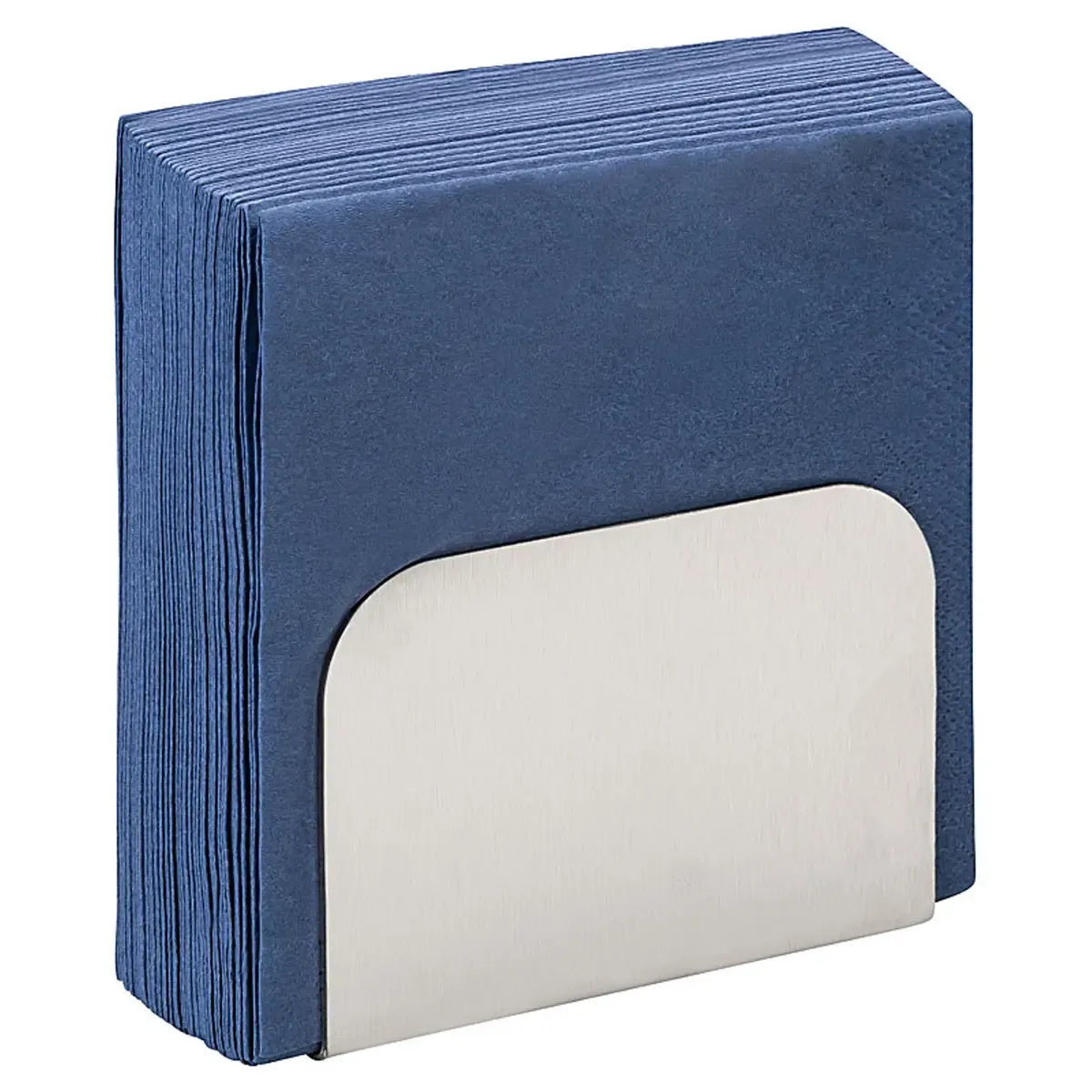 Professionelle Produktfotos: Stapel dunkelblauer Servietten in einem modernen Edelstahl-Serviettenhalter als hochwertiger Freisteller für den Handel. PRO-ducto GmbH