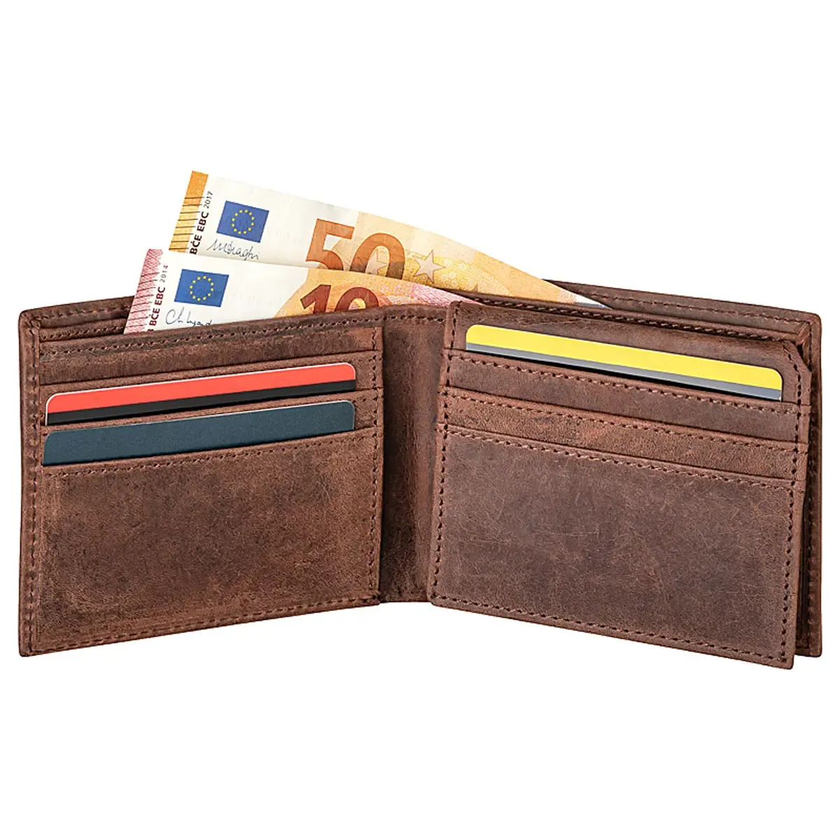Professionelle Produktfotos: Offene braune Ledergeldbörse als Freisteller. Hochwertige Produktbilder erstellen lassen für Accessoires und Mode. PRO-ducto GmbH