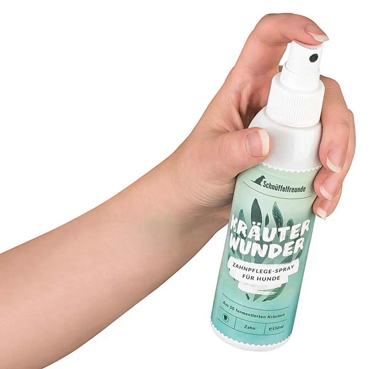 Professionelle Produktfotos: Eine Hand hält das Schnüffelfreunde Kräuterwunder Zahnpflege-Spray für Hunde als hochwertigen Freisteller vor weißem Grund. PRO-ducto GmbH