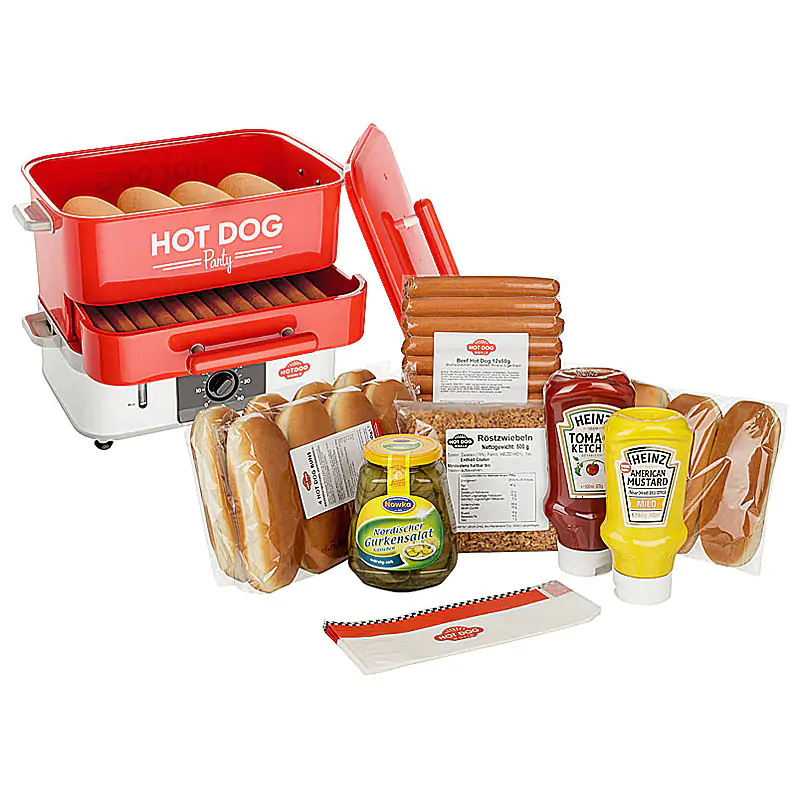 Produktfotografie in RAW-Qualität Hot Dog Steamer Party Set mit Zubehör Fotomontage